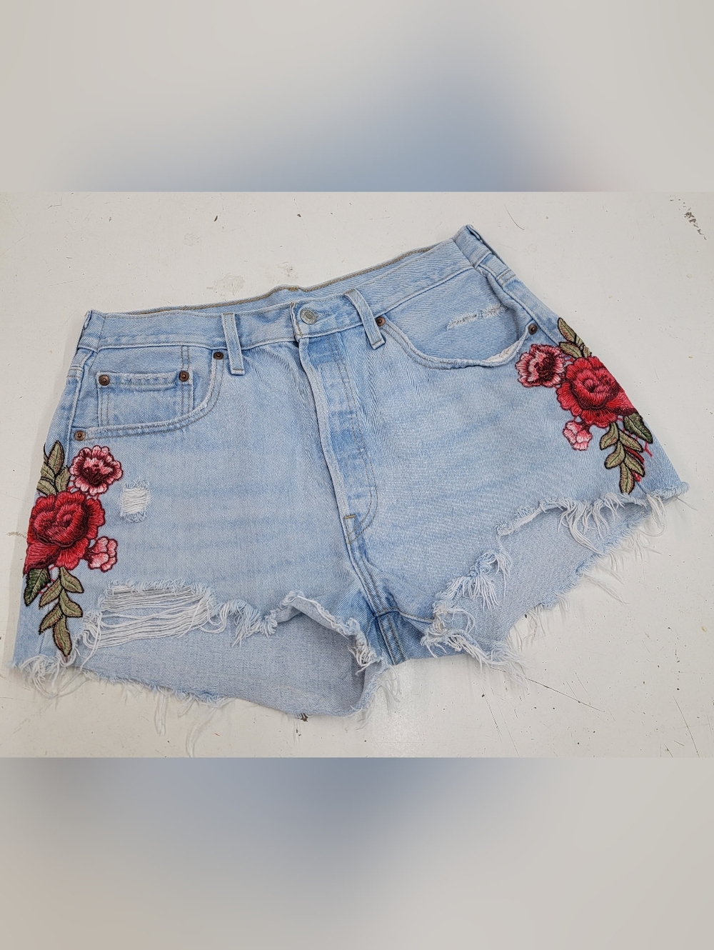 Levi's 501 Button Fly Jean Shorts With Embroidery Upcycled